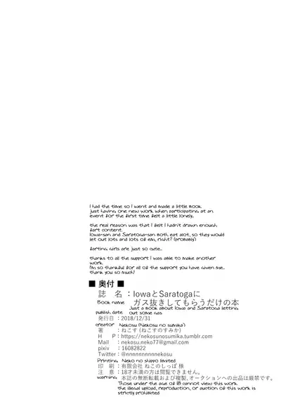 [Nekosu no Sumika (Nekosu)] Iowa to Saratoga ni Gas Nuki Shite Morau dake no Hon | Just A Book About Iowa And Saratoga Letting Out Some Gas (Kantai Collection -KanColle-) [English] [6vuA] [Digital]